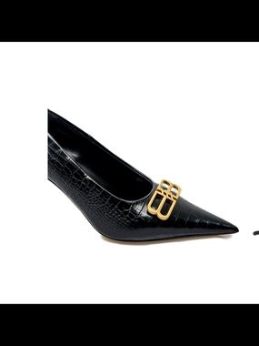 Balenciaga Black Croc-Embossed Pointed Pump with Gold Double-B Buckle